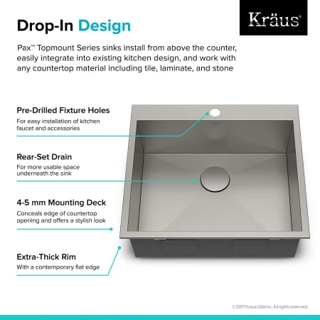 Kraus Pax 25" Drop In Single Basin Stainless Steel Kitchen Sink with Sound Dampening - Includes Basket Strainer, Drain Cover, Oven Mitt, Basin Rack, and Trivet 7 Kraus Pax 25" Drop In Single Basin Stainless Steel Kitchen Sink with Sound Dampening - Includes Basket Strainer, Drain Cover, Oven Mitt, Basin Rack, and Trivet - Image 5