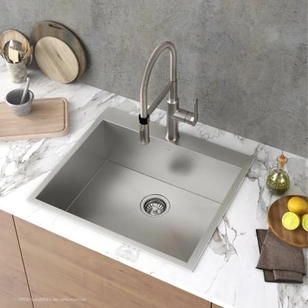Kraus Pax 25" Drop In Single Basin Stainless Steel Kitchen Sink with Sound Dampening - Includes Basket Strainer, Drain Cover, Oven Mitt, Basin Rack, and Trivet 4 Kraus Pax 25" Drop In Single Basin Stainless Steel Kitchen Sink with Sound Dampening - Includes Basket Strainer, Drain Cover, Oven Mitt, Basin Rack, and Trivet - Image 2
