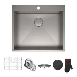 Kraus Pax 25" Drop In Single Basin Stainless Steel Kitchen Sink with Sound Dampening - Includes Basket Strainer, Drain Cover, Oven Mitt, Basin Rack, and Trivet