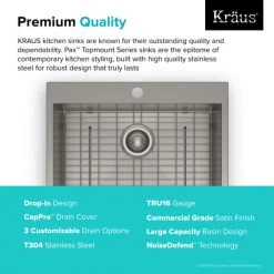 Kraus Pax 25" Drop In Single Basin Stainless Steel Kitchen Sink with Sound Dampening - Includes Basket Strainer, Drain Cover, Oven Mitt, Basin Rack, and Trivet 11 Kraus Pax 25" Drop In Single Basin Stainless Steel Kitchen Sink with Sound Dampening - Includes Basket Strainer, Drain Cover, Oven Mitt, Basin Rack, and Trivet -Kraus Sales Shop kraus kp1ts25s 1 premium quality 20