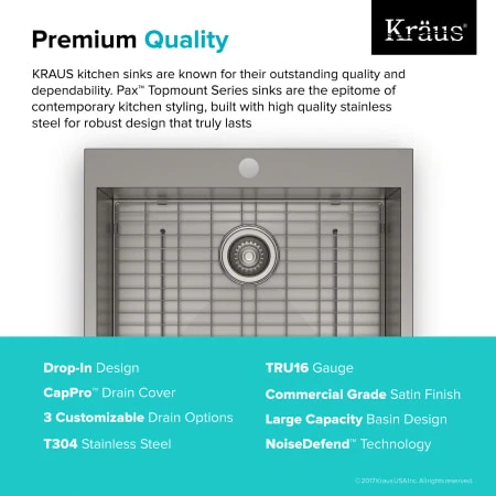 Kraus Pax 25" Drop In Single Basin Stainless Steel Kitchen Sink with Sound Dampening - Includes Basket Strainer, Drain Cover, Oven Mitt, Basin Rack, and Trivet 6 Kraus Pax 25" Drop In Single Basin Stainless Steel Kitchen Sink with Sound Dampening - Includes Basket Strainer, Drain Cover, Oven Mitt, Basin Rack, and Trivet - Image 4