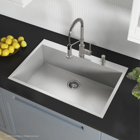 Kraus Pax 33" Drop In Single Basin Stainless Steel Kitchen Sink with Sound Dampening - Includes Basket Strainer, Drain Cover, Oven Mitt, and Trivet 4 Kraus Pax 33" Drop In Single Basin Stainless Steel Kitchen Sink with Sound Dampening - Includes Basket Strainer, Drain Cover, Oven Mitt, and Trivet - Image 2