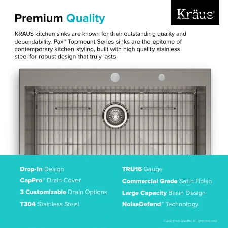 Kraus Pax 33" Drop In Single Basin Stainless Steel Kitchen Sink with Sound Dampening - Includes Basket Strainer, Drain Cover, Oven Mitt, and Trivet 6 Kraus Pax 33" Drop In Single Basin Stainless Steel Kitchen Sink with Sound Dampening - Includes Basket Strainer, Drain Cover, Oven Mitt, and Trivet - Image 4