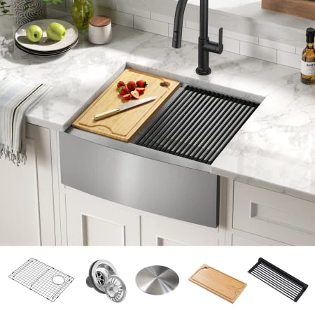 Kraus Kore 23-7/8" Farmhouse Single Basin Stainless Steel Kitchen Sink with Basin Rack, Basket Strainer, Cutting Board, and NoiseDefend Technology 3 Kraus Kore 23-7/8" Farmhouse Single Basin Stainless Steel Kitchen Sink with Basin Rack, Basket Strainer, Cutting Board, and NoiseDefend Technology