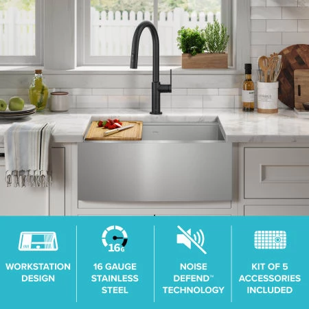 Kraus Kore 23-7/8" Farmhouse Single Basin Stainless Steel Kitchen Sink with Basin Rack, Basket Strainer, Cutting Board, and NoiseDefend Technology 4 Kraus Kore 23-7/8" Farmhouse Single Basin Stainless Steel Kitchen Sink with Basin Rack, Basket Strainer, Cutting Board, and NoiseDefend Technology - Image 2