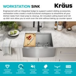 Kraus Kore 23-7/8" Farmhouse Single Basin Stainless Steel Kitchen Sink with Basin Rack, Basket Strainer, Cutting Board, and NoiseDefend Technology 11 Kraus Kore 23-7/8" Farmhouse Single Basin Stainless Steel Kitchen Sink with Basin Rack, Basket Strainer, Cutting Board, and NoiseDefend Technology -Kraus Sales Shop kraus kwf210 24 alternate view 224