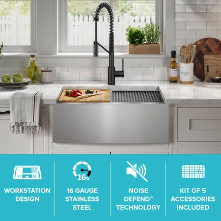Kraus Kore 26-7/8" Farmhouse Single Basin Stainless Steel Kitchen Sink with Basin Rack, Basket Strainer, Cutting Board, and NoiseDefend Technology 4 Kraus Kore 26-7/8" Farmhouse Single Basin Stainless Steel Kitchen Sink with Basin Rack, Basket Strainer, Cutting Board, and NoiseDefend Technology - Image 2