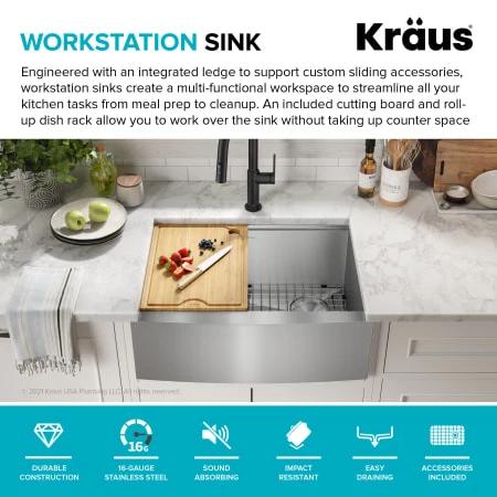 Kraus Kore 26-7/8" Farmhouse Single Basin Stainless Steel Kitchen Sink with Basin Rack, Basket Strainer, Cutting Board, and NoiseDefend Technology 6 Kraus Kore 26-7/8" Farmhouse Single Basin Stainless Steel Kitchen Sink with Basin Rack, Basket Strainer, Cutting Board, and NoiseDefend Technology - Image 4