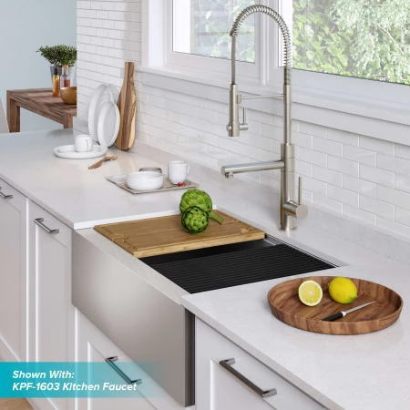 Kraus Kore 32-7/8" Farmhouse Single Basin Stainless Steel Kitchen Sink with Basin Rack, Basket Strainer, Cutting Board, and Garbage Dispsoal 4 Kraus Kore 32-7/8" Farmhouse Single Basin Stainless Steel Kitchen Sink with Basin Rack, Basket Strainer, Cutting Board, and Garbage Dispsoal - Image 2