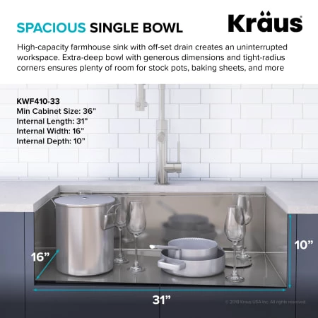 Kraus Kore 32-7/8" Farmhouse Single Basin Stainless Steel Kitchen Sink with Basin Rack, Basket Strainer, Cutting Board, and Garbage Dispsoal 5 Kraus Kore 32-7/8" Farmhouse Single Basin Stainless Steel Kitchen Sink with Basin Rack, Basket Strainer, Cutting Board, and Garbage Dispsoal - Image 3