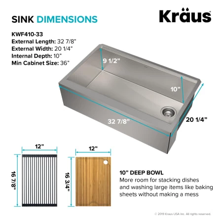 Kraus Kore 32-7/8" Farmhouse Single Basin Stainless Steel Kitchen Sink with Basin Rack, Basket Strainer, Cutting Board, and Garbage Dispsoal 7 Kraus Kore 32-7/8" Farmhouse Single Basin Stainless Steel Kitchen Sink with Basin Rack, Basket Strainer, Cutting Board, and Garbage Dispsoal - Image 5