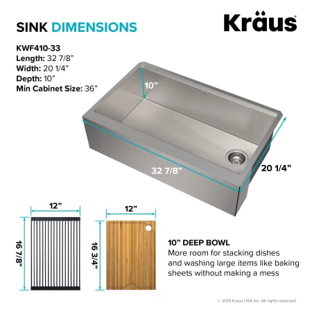 Kraus Kore 32-7/8" Farmhouse Single Basin Stainless Steel Kitchen Sink with Basin Rack, Basket Strainer, Cutting Board, and Drain Board 7 Kraus Kore 32-7/8" Farmhouse Single Basin Stainless Steel Kitchen Sink with Basin Rack, Basket Strainer, Cutting Board, and Drain Board - Image 5