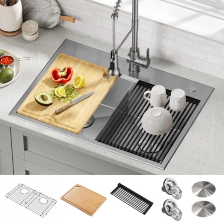 Kraus Kore 30" Drop In Double Basin Stainless Steel Kitchen Sink with Basin Rack, Basket Strainer, Cutting Board, and NoiseDefend Technology 3 Kraus Kore 30" Drop In Double Basin Stainless Steel Kitchen Sink with Basin Rack, Basket Strainer, Cutting Board, and NoiseDefend Technology