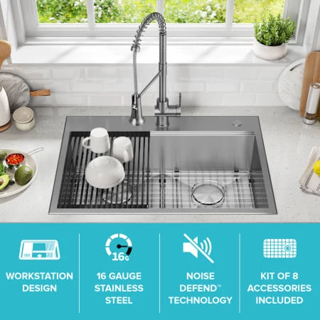 Kraus Kore 30" Drop In Double Basin Stainless Steel Kitchen Sink with Basin Rack, Basket Strainer, Cutting Board, and NoiseDefend Technology 4 Kraus Kore 30" Drop In Double Basin Stainless Steel Kitchen Sink with Basin Rack, Basket Strainer, Cutting Board, and NoiseDefend Technology - Image 2