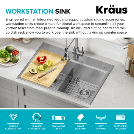 Kraus Kore 30" Drop In Double Basin Stainless Steel Kitchen Sink with Basin Rack, Basket Strainer, Cutting Board, and NoiseDefend Technology 6 Kraus Kore 30" Drop In Double Basin Stainless Steel Kitchen Sink with Basin Rack, Basket Strainer, Cutting Board, and NoiseDefend Technology - Image 4