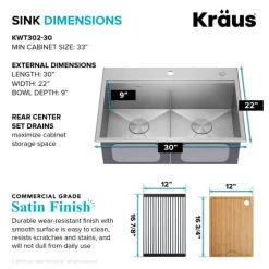 Kraus Kore 30" Drop In Double Basin Stainless Steel Kitchen Sink with Basin Rack, Basket Strainer, Cutting Board, and NoiseDefend Technology 13 Kraus Kore 30" Drop In Double Basin Stainless Steel Kitchen Sink with Basin Rack, Basket Strainer, Cutting Board, and NoiseDefend Technology -Kraus Sales Shop kraus kwt302 30 alternate view 265