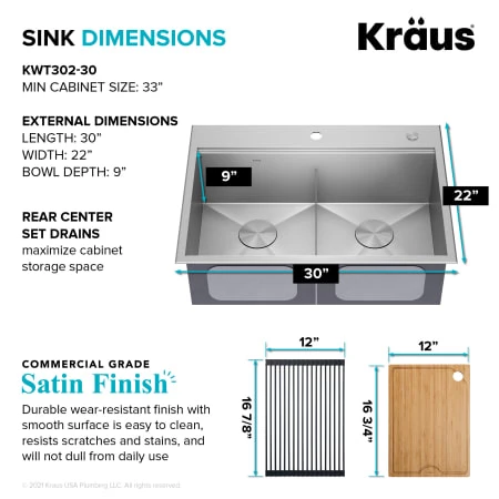 Kraus Kore 30" Drop In Double Basin Stainless Steel Kitchen Sink with Basin Rack, Basket Strainer, Cutting Board, and NoiseDefend Technology 8 Kraus Kore 30" Drop In Double Basin Stainless Steel Kitchen Sink with Basin Rack, Basket Strainer, Cutting Board, and NoiseDefend Technology - Image 6