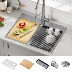 Kraus Kore 28" Drop In Single Basin Stainless Steel Kitchen Sink with Basin Rack, Basket Strainer, Cutting Board, and NoiseDefend Technology