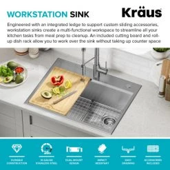 Kraus Kore 28" Drop In Single Basin Stainless Steel Kitchen Sink with Basin Rack, Basket Strainer, Cutting Board, and NoiseDefend Technology -Kraus Sales Shop kraus kwt310 28 alternate view 277