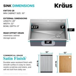 Kraus Kore 28" Drop In Single Basin Stainless Steel Kitchen Sink with Basin Rack, Basket Strainer, Cutting Board, and NoiseDefend Technology -Kraus Sales Shop kraus kwt310 28 alternate view 279