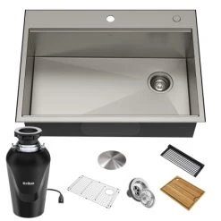 Kraus Kore 30" Undermount Single Basin Stainless Steel Kitchen Sink with Basin Rack, Basket Strainer, Cutting Board, and Garbage Dispsoal