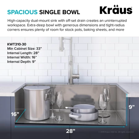 Kraus Kore 30" Undermount Single Basin Stainless Steel Kitchen Sink with Basin Rack, Basket Strainer, Cutting Board, and Garbage Dispsoal 5 Kraus Kore 30" Undermount Single Basin Stainless Steel Kitchen Sink with Basin Rack, Basket Strainer, Cutting Board, and Garbage Dispsoal - Image 3