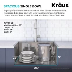 Kraus Kore 25" Drop In or Undermount Single Basin Stainless Steel Kitchen Sink with Strainer, Basin Rack, Cutting Board, Drain Cap, and Rolling Mat -Kraus Sales Shop kraus kwt311 25 alternate image 19