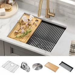 Kraus Kore 23" Undermount Single Basin Stainless Steel Kitchen Sink with Basin Rack, Basket Strainer, Cutting Board, and NoiseDefend Technology