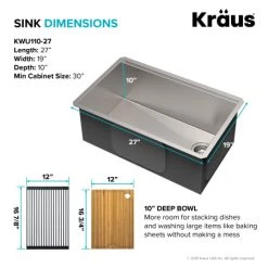 Kraus Kore 27" Undermount Single Basin Stainless Steel Kitchen Sink - Basin Rack, Strainer, Cutting Board, and Drainboard Included -Kraus Sales Shop kraus kwu110 27 alternate 69