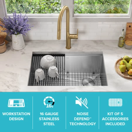 Kraus Kore 28" Undermount Single Basin Stainless Steel Kitchen Sink with Basin Rack, Basket Strainer, Cutting Board, and NoiseDefend Technology 4 Kraus Kore 28" Undermount Single Basin Stainless Steel Kitchen Sink with Basin Rack, Basket Strainer, Cutting Board, and NoiseDefend Technology - Image 2