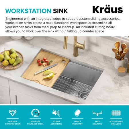 Kraus Kore 28" Undermount Single Basin Stainless Steel Kitchen Sink with Basin Rack, Basket Strainer, Cutting Board, and NoiseDefend Technology 6 Kraus Kore 28" Undermount Single Basin Stainless Steel Kitchen Sink with Basin Rack, Basket Strainer, Cutting Board, and NoiseDefend Technology - Image 4