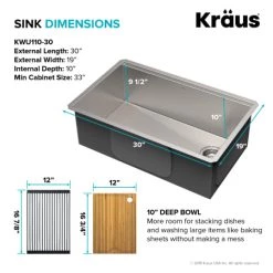 Kraus Kore 30" Undermount Single Basin Stainless Steel Kitchen Sink with Basin Rack, Basket Strainer, Cutting Board, and Garbage Dispsoal -Kraus Sales Shop kraus kwu110 30 100 75mb alternate view 364