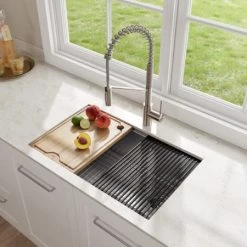 Kraus Kore 30" Undermount Single Basin Stainless Steel Kitchen Sink with Basin Rack, Basket Strainer, Cutting Board, and Garbage Dispsoal -Kraus Sales Shop kraus kwu110 30 100 75mb alternate view 365