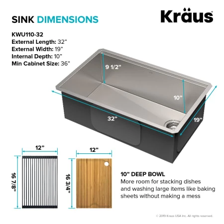 Kraus Kore 32" Undermount Single Basin Stainless Steel Kitchen Sink with Basin Rack, Basket Strainer, Cutting Board, and Garbage Dispsoal 7 Kraus Kore 32" Undermount Single Basin Stainless Steel Kitchen Sink with Basin Rack, Basket Strainer, Cutting Board, and Garbage Dispsoal - Image 5