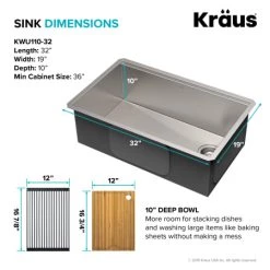 Kraus Kore 32" Undermount Single Basin Stainless Steel Kitchen Sink with Basin Rack, Basket Strainer, Cutting Board, and Drain Board 12 Kraus Kore 32" Undermount Single Basin Stainless Steel Kitchen Sink with Basin Rack, Basket Strainer, Cutting Board, and Drain Board -Kraus Sales Shop kraus kwu110 32 alternate 71