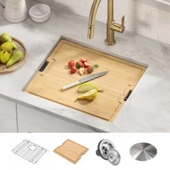 Kraus Kore 21" Undermount Single Basin Stainless Steel Kitchen Sink with Basin Rack, Basket Strainer, Cutting Board, and NoiseDefend Technology