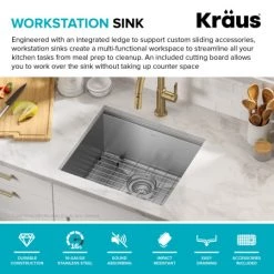 Kraus Kore 21" Undermount Single Basin Stainless Steel Kitchen Sink with Basin Rack, Basket Strainer, Cutting Board, and NoiseDefend Technology -Kraus Sales Shop kraus kwu111 21 alternate view 385