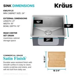 Kraus Kore 21" Undermount Single Basin Stainless Steel Kitchen Sink with Basin Rack, Basket Strainer, Cutting Board, and NoiseDefend Technology -Kraus Sales Shop kraus kwu111 21 alternate view 387