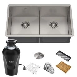 Kraus Kore 33" Undermount Double Basin Stainless Steel Kitchen Sink with Basin Rack, Basket Strainer, Cutting Board, and Garbage Dispsoal