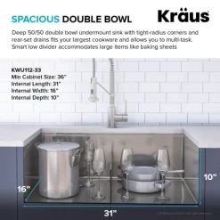 Kraus Kore 33" Undermount Double Basin Stainless Steel Kitchen Sink with Basin Rack, Basket Strainer, Cutting Board, and Garbage Dispsoal -Kraus Sales Shop kraus kwu112 33 100 75mb alternate view 412