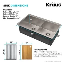 Kraus Kore 33" Undermount Double Basin Stainless Steel Kitchen Sink with Basin Rack, Basket Strainer, Cutting Board, and Garbage Dispsoal -Kraus Sales Shop kraus kwu112 33 100 75mb alternate view 414