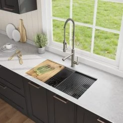 Kraus Kore 33" Undermount Double Basin Stainless Steel Kitchen Sink with Basin Rack, Basket Strainer, Cutting Board, and Garbage Dispsoal -Kraus Sales Shop kraus kwu112 33 100 75mb alternate view 415