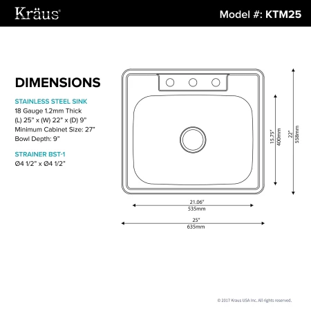 Kraus 25" Drop In Single Bowl 18 Gauge Stainless Steel Kitchen Sink 8 Kraus 25" Drop In Single Bowl 18 Gauge Stainless Steel Kitchen Sink - Image 6