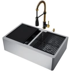 Vigo Oxford 33" Slotted Apron Farmhouse Double Basin Stainless Steel Kitchen Sink with Single Hole 1.8 GPM Brant Kitchen Faucet