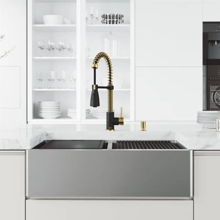 Vigo Oxford 33" Slotted Apron Farmhouse Double Basin Stainless Steel Kitchen Sink with Single Hole 1.8 GPM Brant Kitchen Faucet 4 Vigo Oxford 33" Slotted Apron Farmhouse Double Basin Stainless Steel Kitchen Sink with Single Hole 1.8 GPM Brant Kitchen Faucet - Image 2