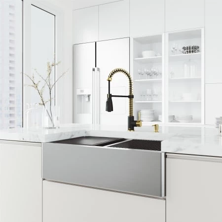 Vigo Oxford 33" Slotted Apron Farmhouse Double Basin Stainless Steel Kitchen Sink with Single Hole 1.8 GPM Brant Kitchen Faucet 5 Vigo Oxford 33" Slotted Apron Farmhouse Double Basin Stainless Steel Kitchen Sink with Single Hole 1.8 GPM Brant Kitchen Faucet - Image 3