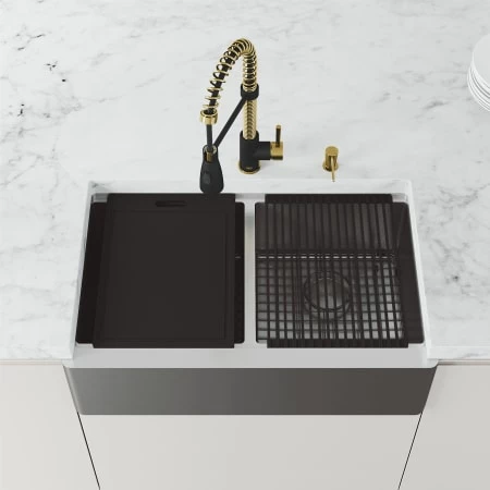 Vigo Oxford 33" Slotted Apron Farmhouse Double Basin Stainless Steel Kitchen Sink with Single Hole 1.8 GPM Brant Kitchen Faucet 7 Vigo Oxford 33" Slotted Apron Farmhouse Double Basin Stainless Steel Kitchen Sink with Single Hole 1.8 GPM Brant Kitchen Faucet - Image 5