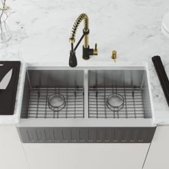 Vigo Oxford 36" Slotted Apron Farmhouse Double Basin Stainless Steel Kitchen Sink with Single Hole 1.8 GPM Brant Kitchen Faucet -Kraus Sales Shop vigo vg151004 alternate view 1112