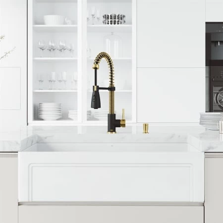Vigo Matte Stone 36" Casement Apron Farmhouse Single Basin Matte Stone™ Kitchen Sink with Single Hole 1.8 GPM Brant Kitchen Faucet 4 Vigo Matte Stone 36" Casement Apron Farmhouse Single Basin Matte Stone™ Kitchen Sink with Single Hole 1.8 GPM Brant Kitchen Faucet - Image 2