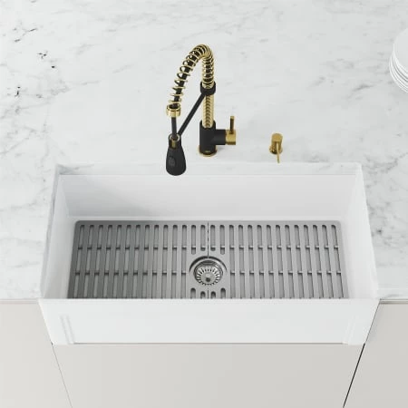Vigo Matte Stone 36" Casement Apron Farmhouse Single Basin Matte Stone™ Kitchen Sink with Single Hole 1.8 GPM Brant Kitchen Faucet 7 Vigo Matte Stone 36" Casement Apron Farmhouse Single Basin Matte Stone™ Kitchen Sink with Single Hole 1.8 GPM Brant Kitchen Faucet - Image 5